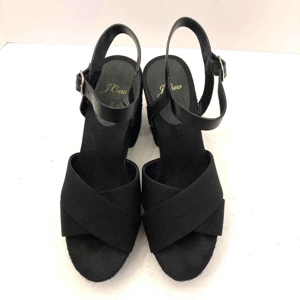 J.Crew Platform Sandals Womens 9.5‎ Black Espadrille High Heel Fabric Leather